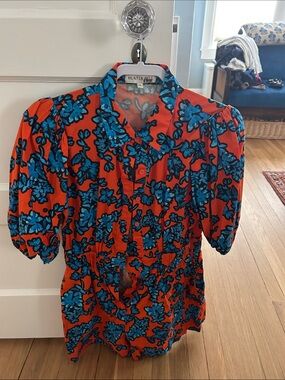 HUNTER BELL Orange and Blue Floral Puff-Sleeve Button Front Top